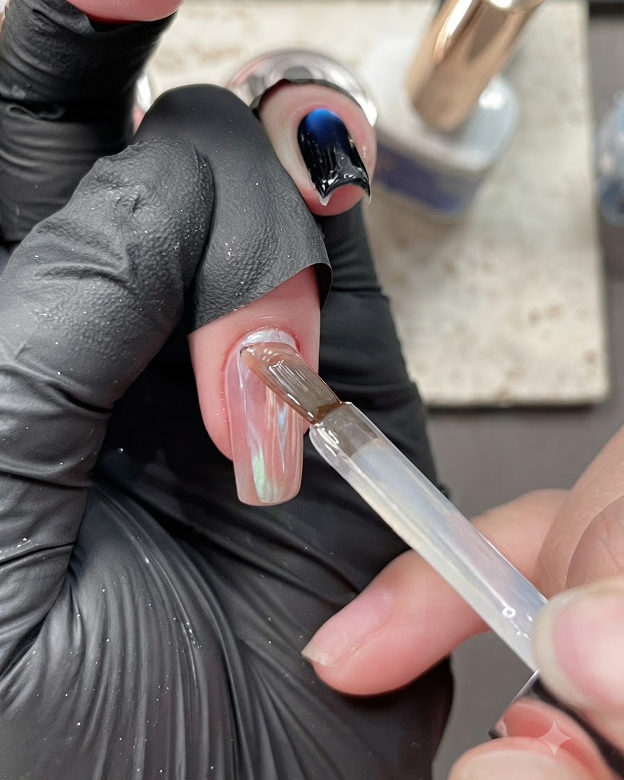 A brush applying a clear, slightly purple-tinted base gel onto a chrome-finished nail.