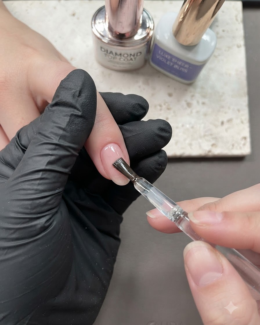 A brush applying a shiny top coat onto the surface of a manicured nail.