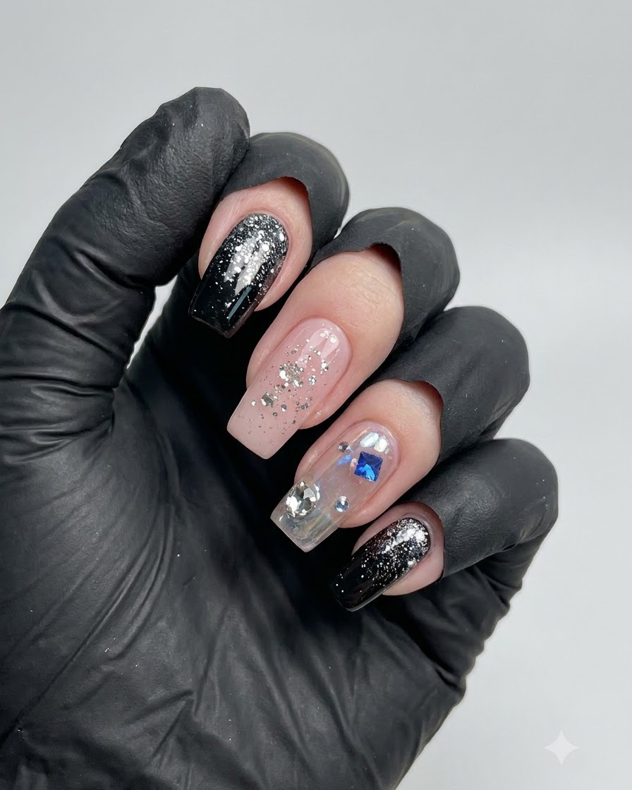 A hand showing decorated nails with black glitter gradient tips, a nude nail with silver flakes, and an accent nail with stars and rhinestones.
