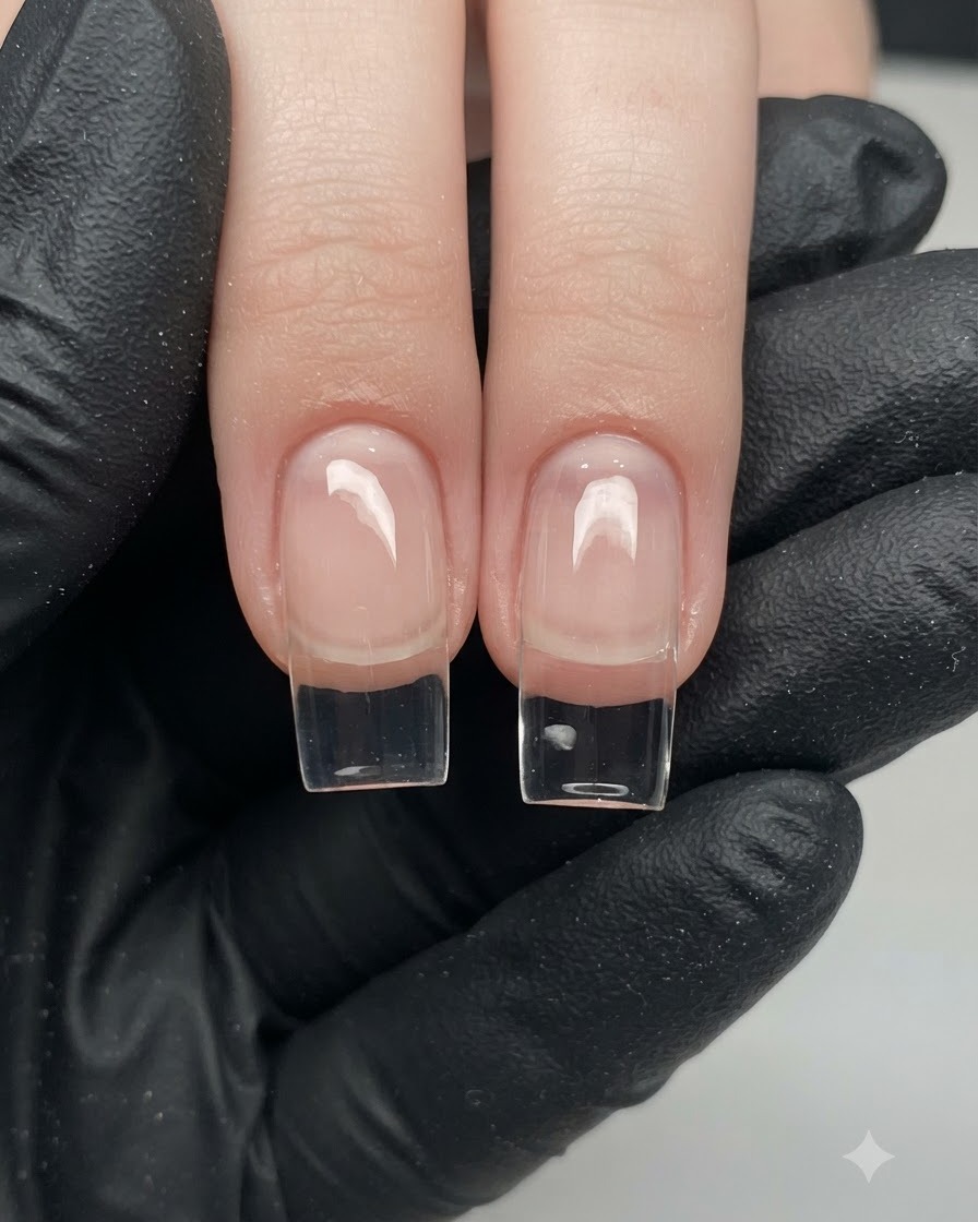 Two clean extended nail forms being cured under a studio lighting environment.
