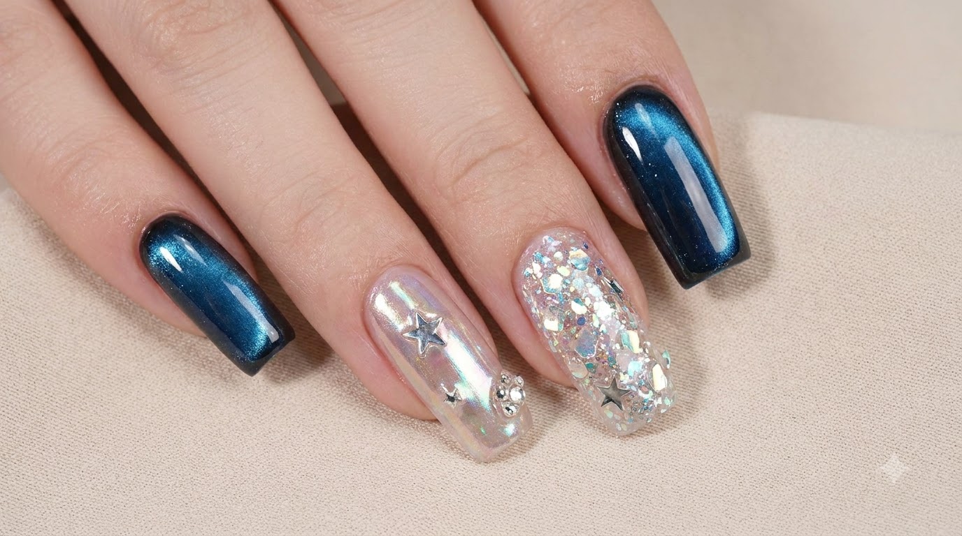 Deep Ocean Blue Cat-Eye and Aurora Powder Nails — Step-by-Step Tutorial