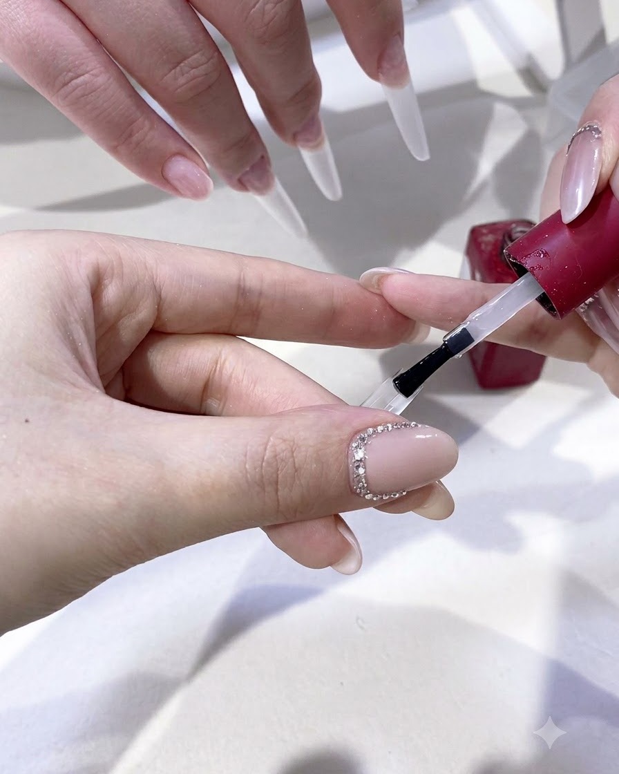 A brush applying clear base gel onto the surface of an extended nail.