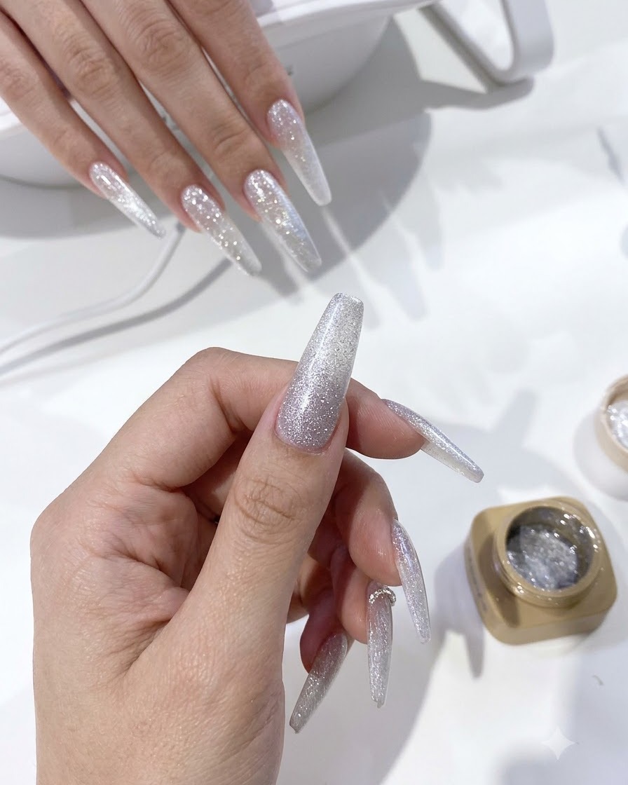 A close-up view of a hand holding a finished cat-eye gel nail to inspect the light alignment.