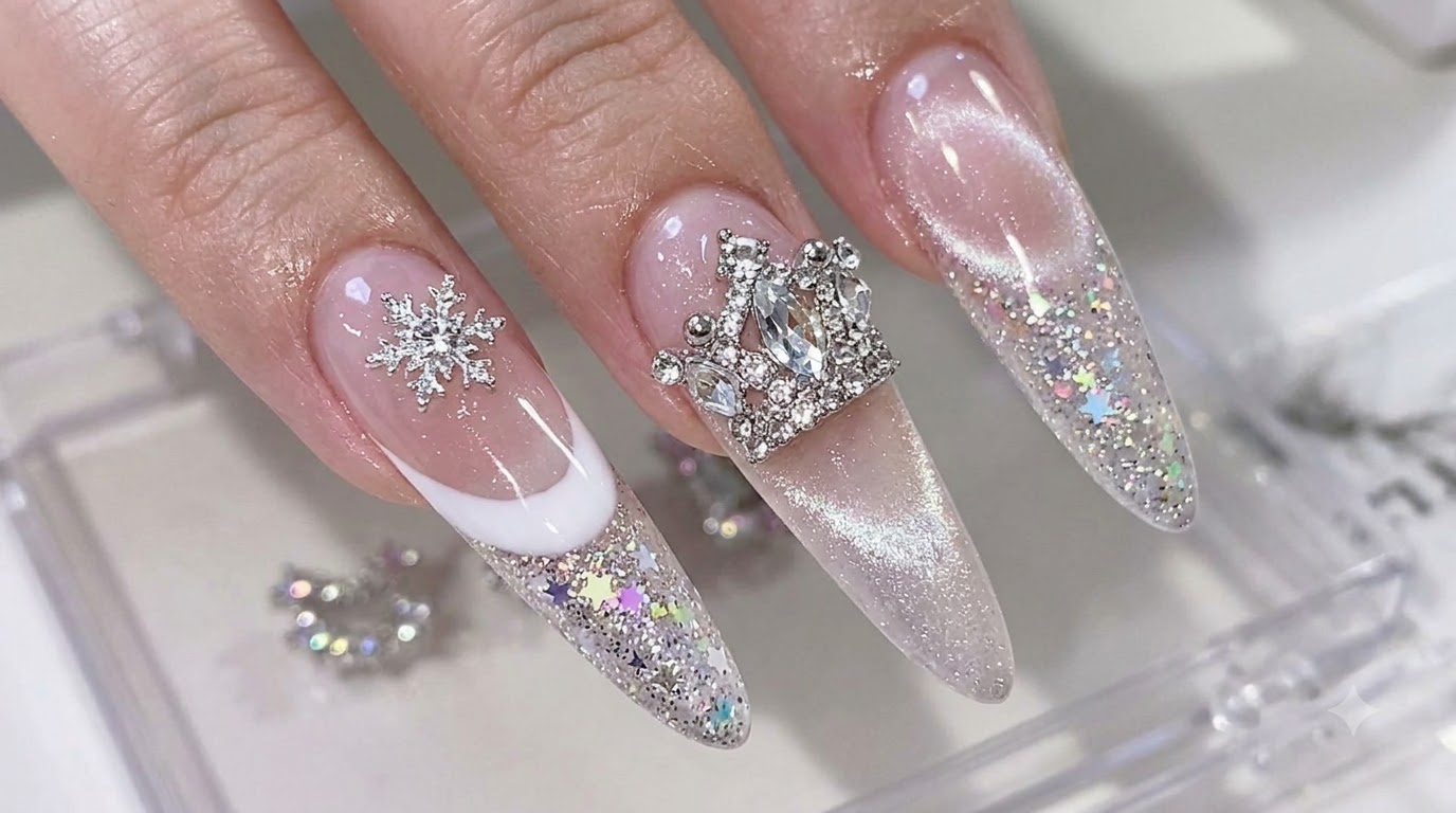 Tassel Broken Diamond Powder Cat Eye and French Extension Nail Art Tutorial