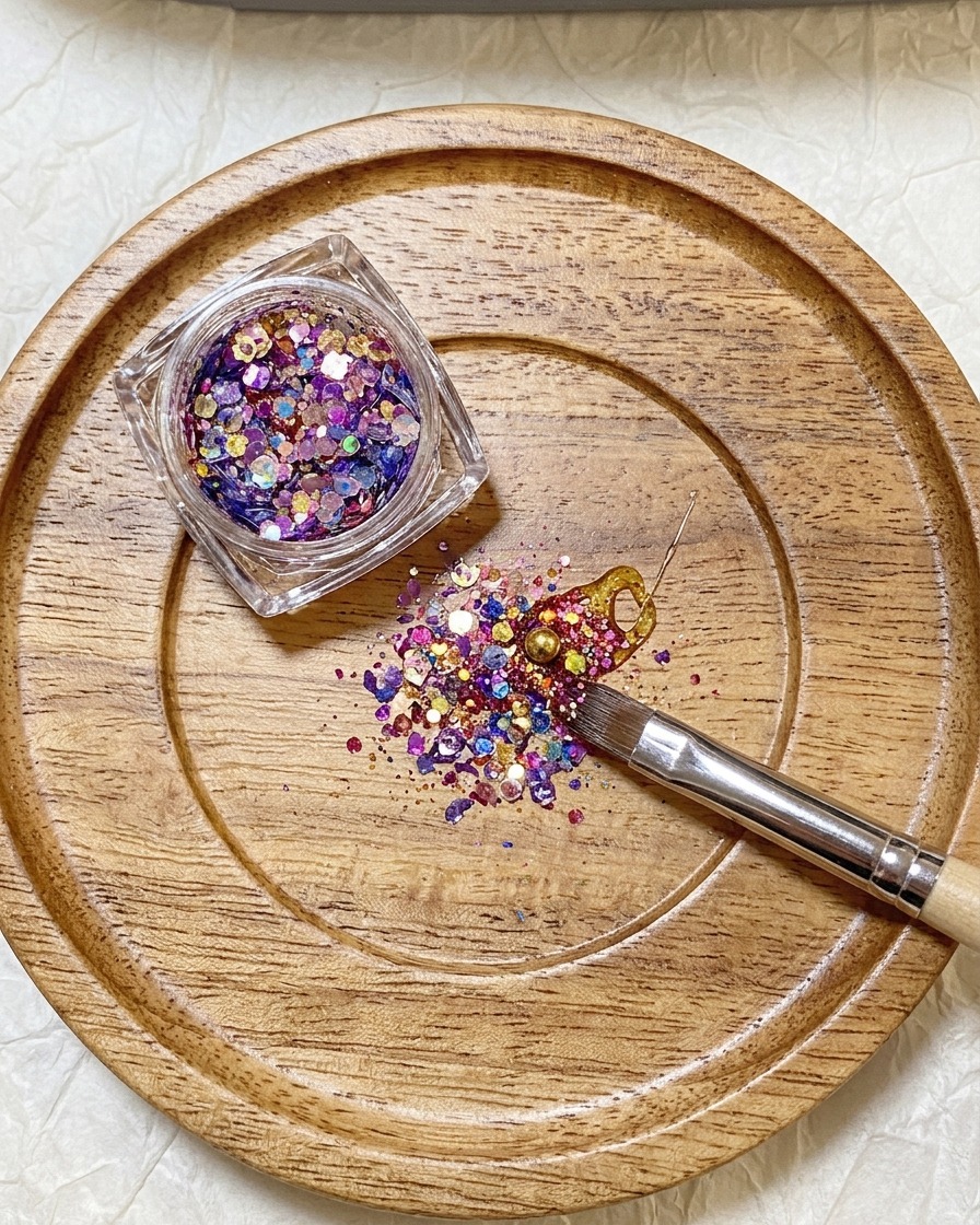 A jar of colorful glitter next to a wooden palette where a brush mixes glitter flakes into gel.