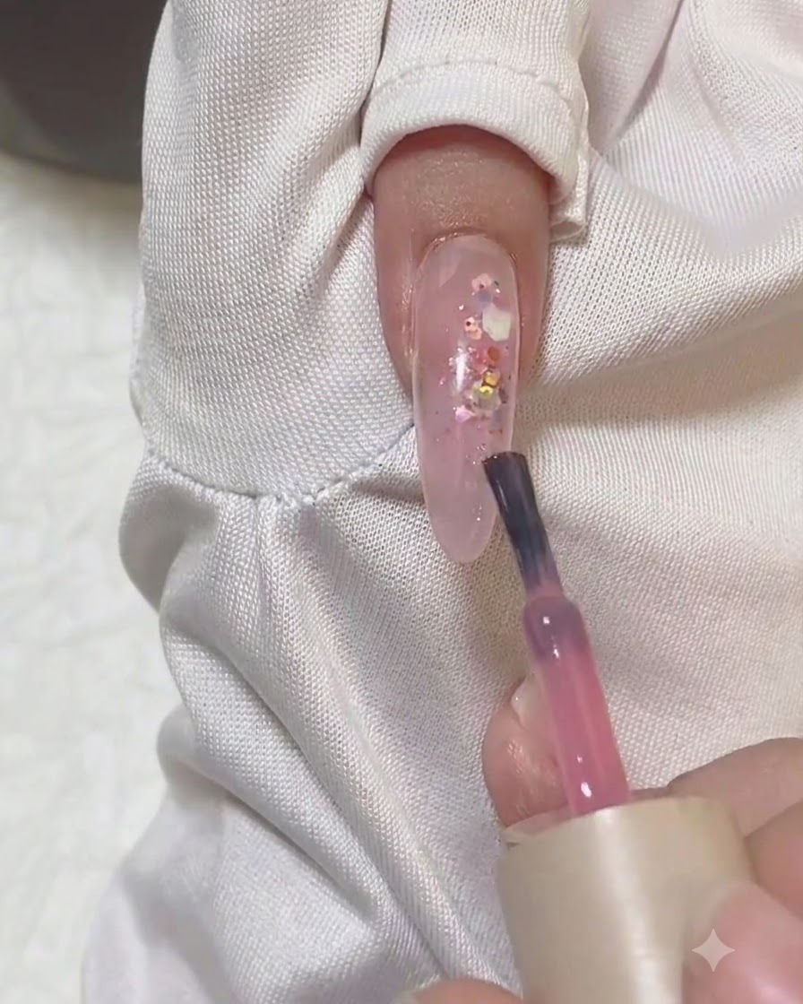 A pink gel polish brush applying sheer pink color to the tip of a clear, glitter-encapsulated almond nail.