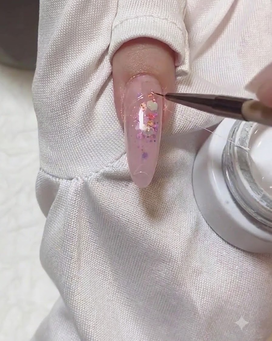 A detail brush pulling a fine strand of white spider gel across a manicured nail.
