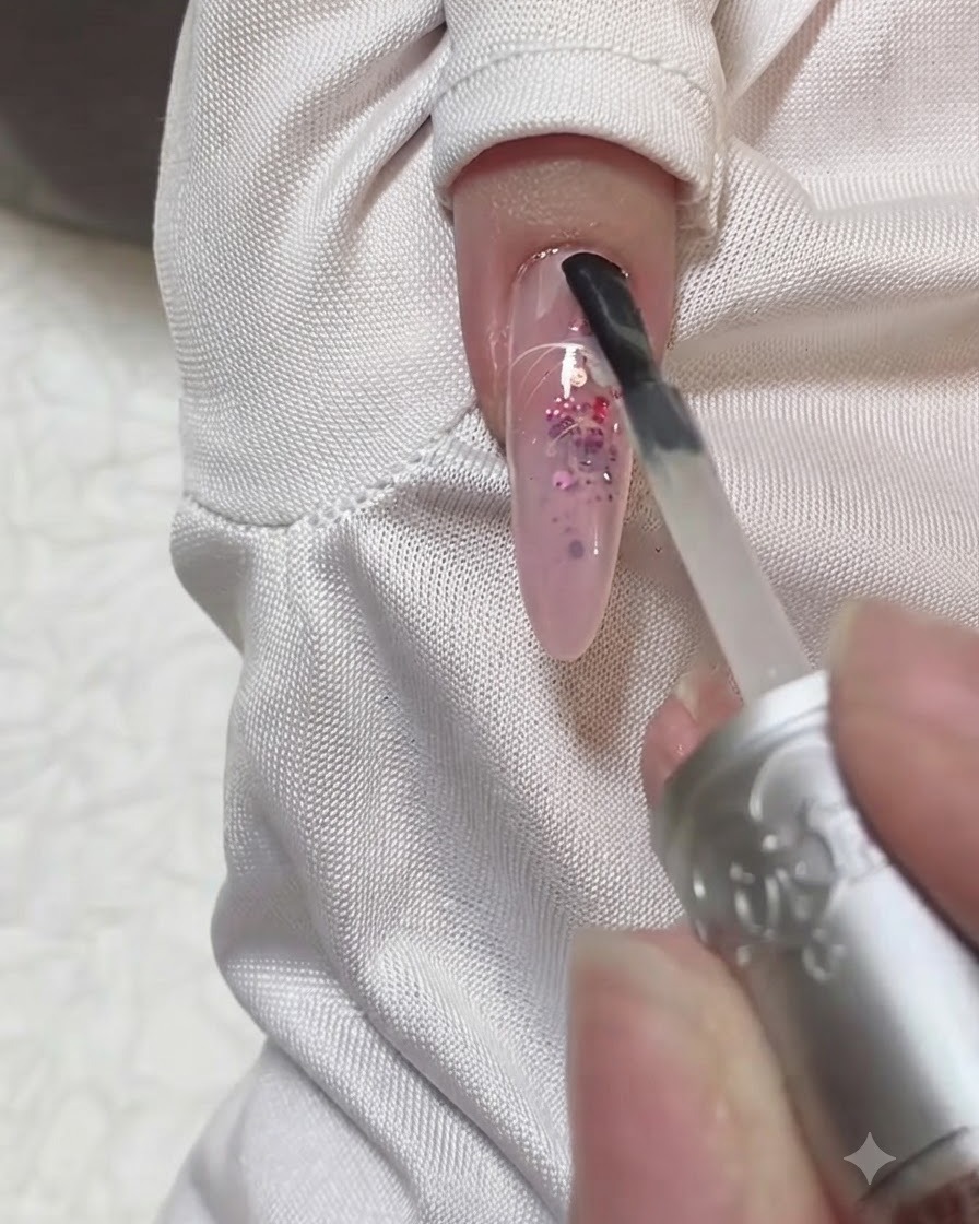 A brush applying a final glossy top coat over almond-shaped nails.