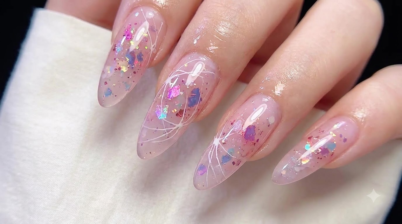 Translucent Pink Glitter and Opal Gel Nail Art Tutorial