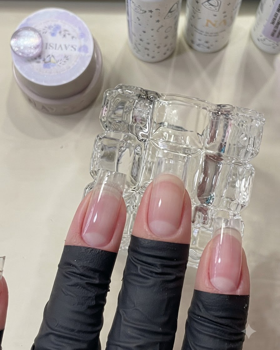 Fingers positioned beneath a UV/LED mini lamp to cure the base coat layer.
