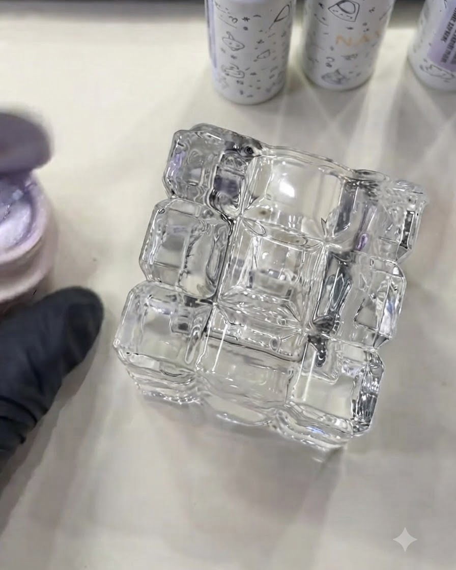 A jar of flashing cat eye gel opened next to a transparent square display block.