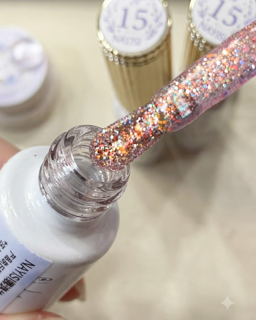 A polish brush loaded with shimmering pink-purple crushed diamond glitter extracted from a bottle.