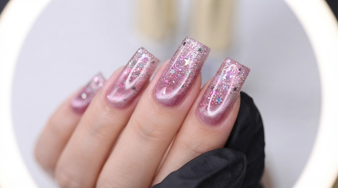 Sparkling Galaxy Cat Eye and Star Nail Art — Step-by-Step Tutorial