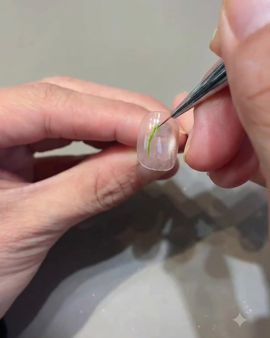 A fine liner brush drawing leaf details on top of a nail using avocado green gel.