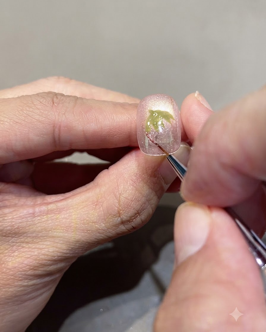A fine nail art brush applying red glass gel to trace the rounded outline of a strawberry on top of a nude pink base.