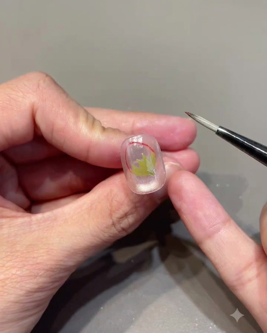 A multi-purpose brush dabbing red glass gel onto the upper portion of a strawberry outline.