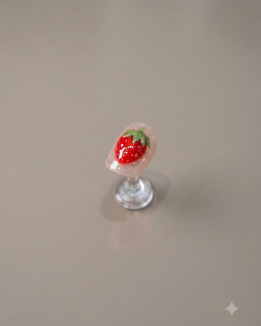 A completed 3D strawberry nail design mounted on a clear display holder against a clean neutral background.