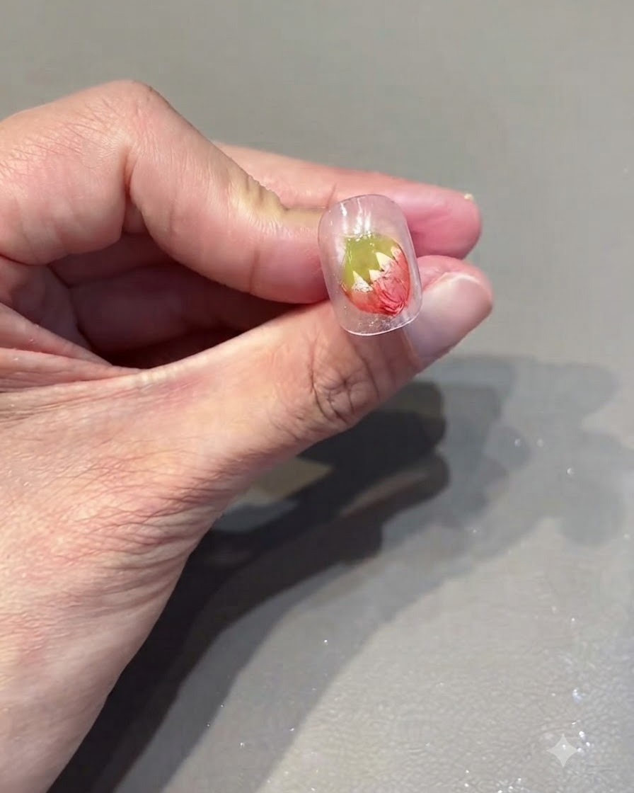 A close-up of a nail showing a red strawberry design with small white dots painted on it.