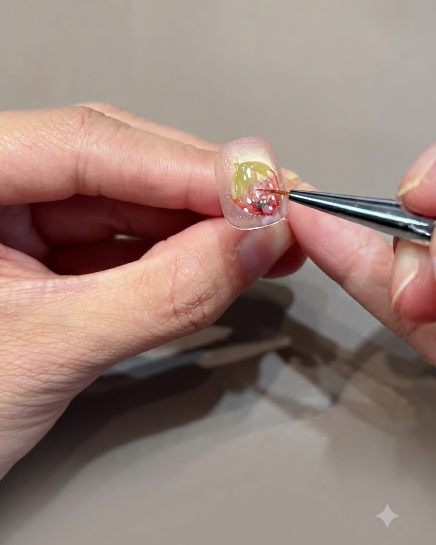 A fine brush applying clear hard gel over a strawberry nail art design to create 3D volume.