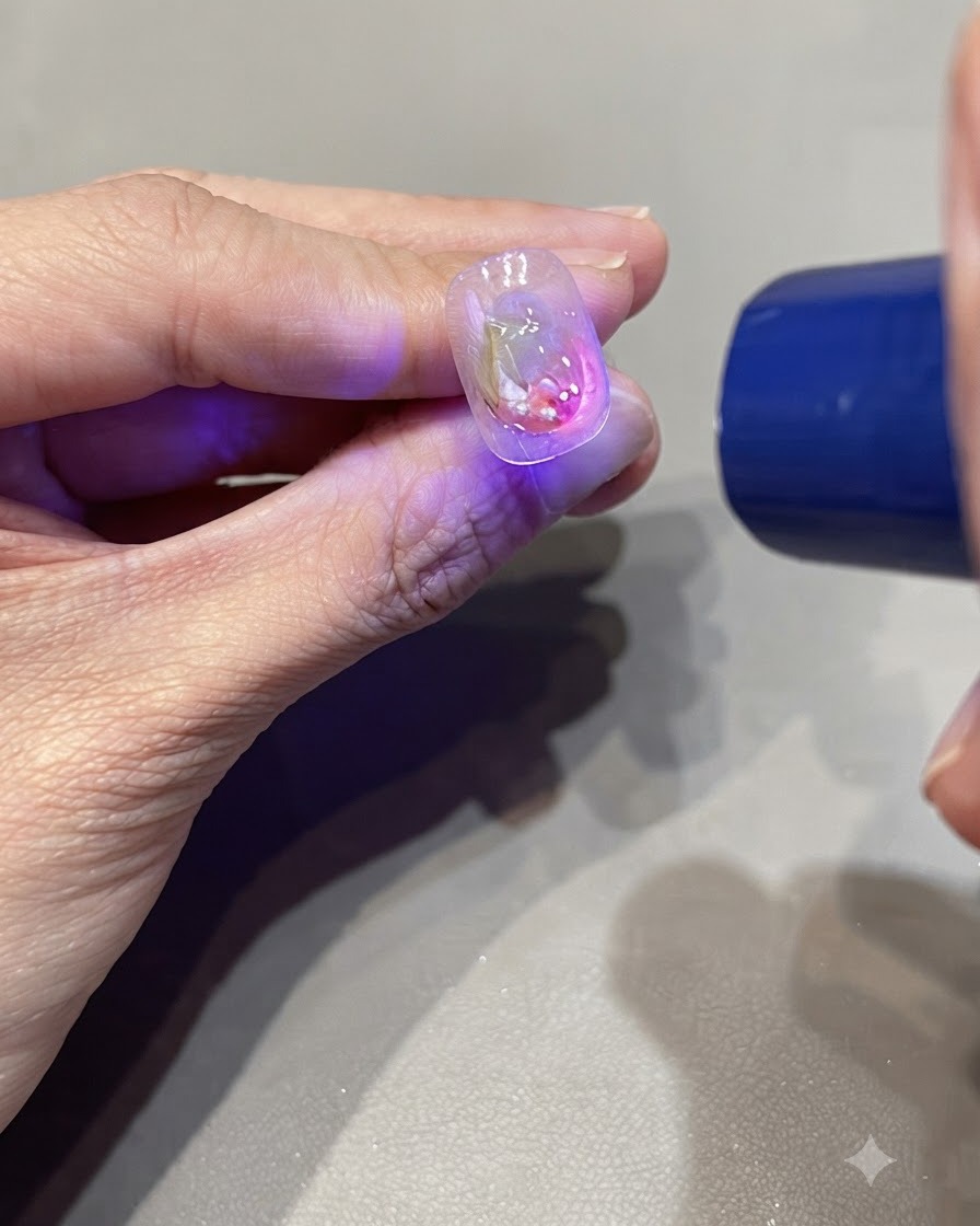 A UV light curing small dimensional water droplet details on a decorated nail.