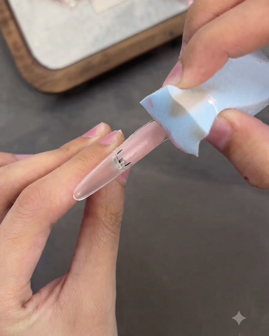 A close-up shot of hands using a small sponge to pat pink gel onto an extension nail tip.