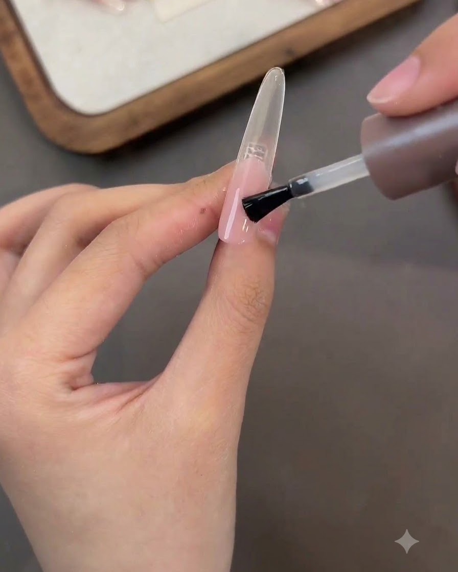 A nail polish brush applying a coat of matte top over a pink gradient false nail.