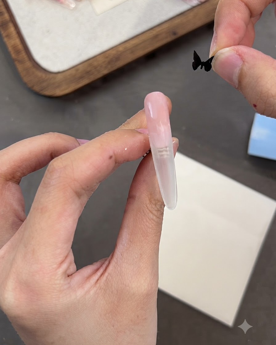 A hand holding a small black butterfly element next to a smooth false nail piece.