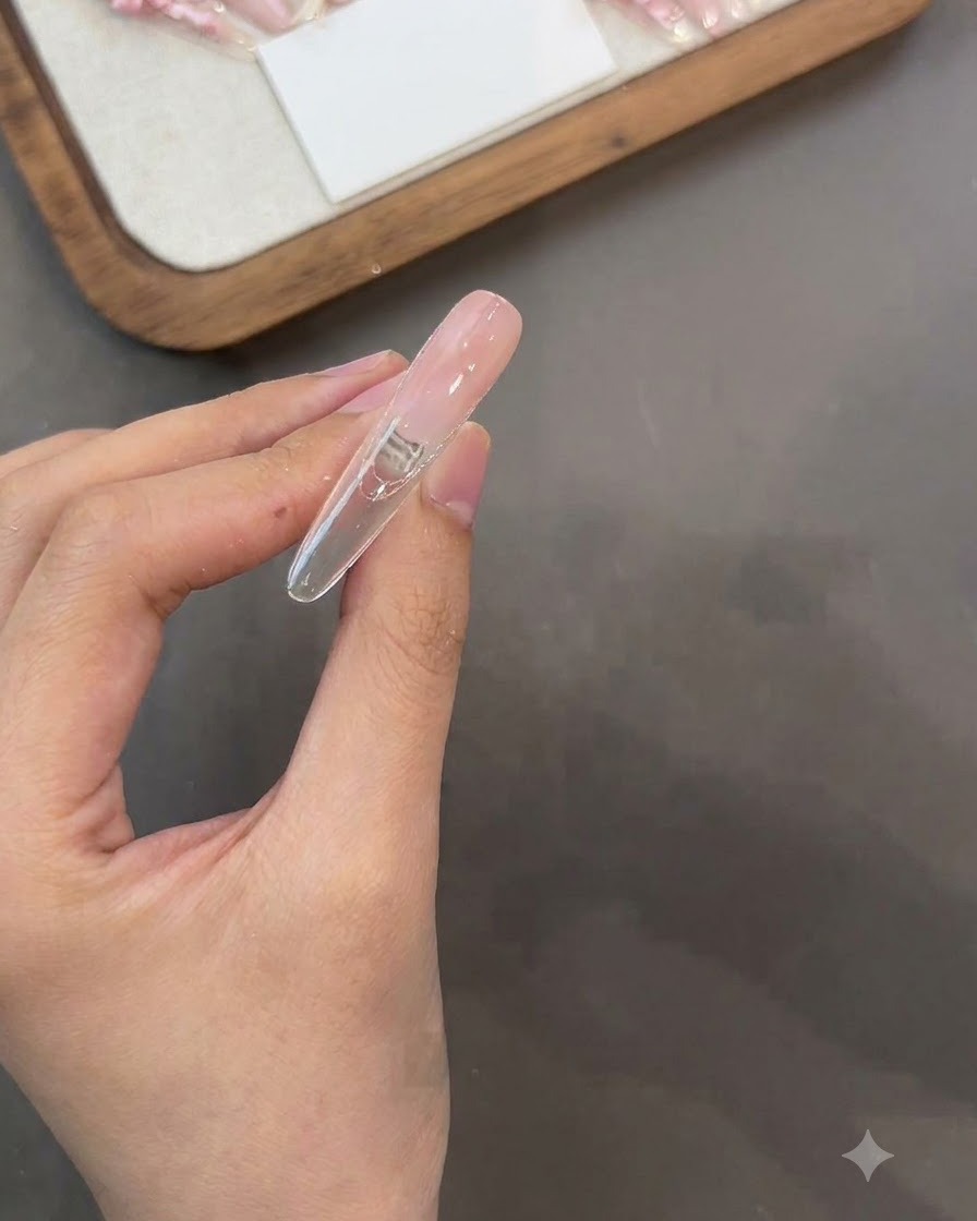 A hand holding a nail piece upside down while applying base gel to the back surface.