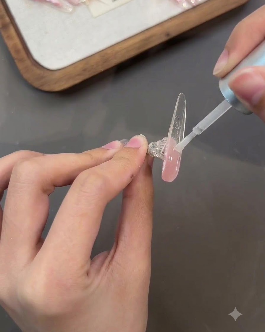 A brush applying and spreading glitter piece gel across the back of a clear nail piece.