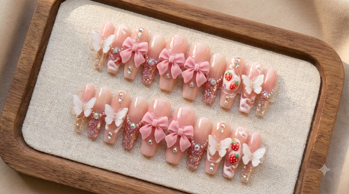 Strawberry Panna Cotta Press-on Nails — 3D Bow and Butterfly Tutorial