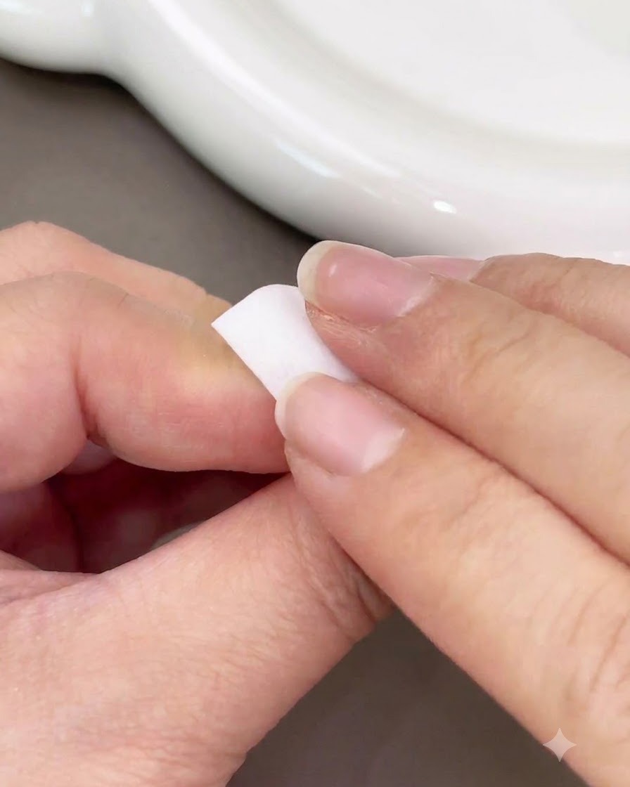 A hand holding a small brush applying a dot of pink gel to the center of a nail.