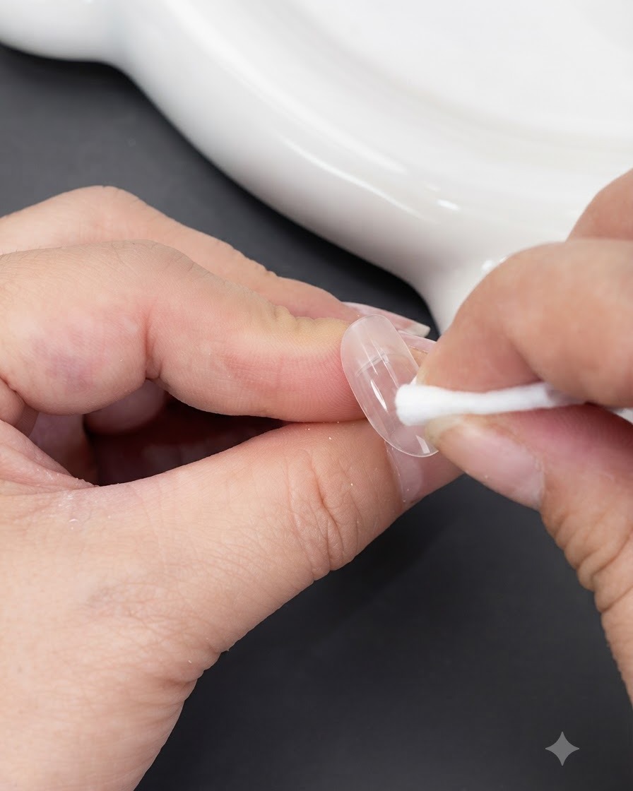 A sponge being used to blend the edges of a pink gel spot on a nail.