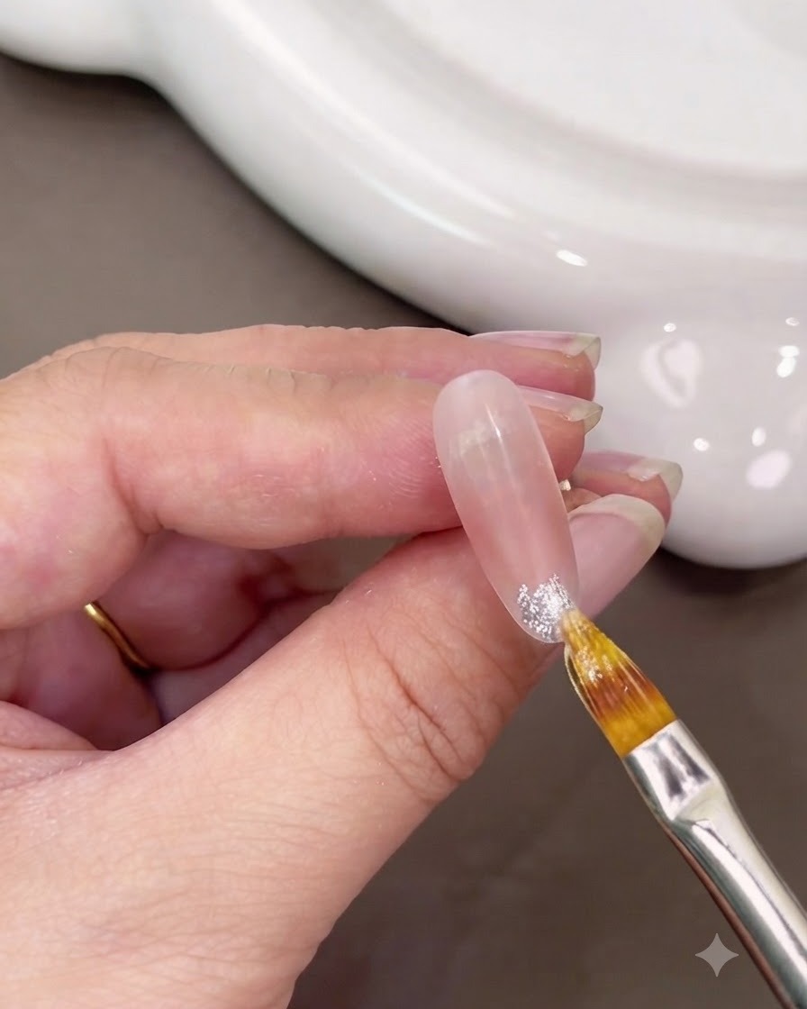 A clean brush feathering white glitter gel backward from the nail tip.