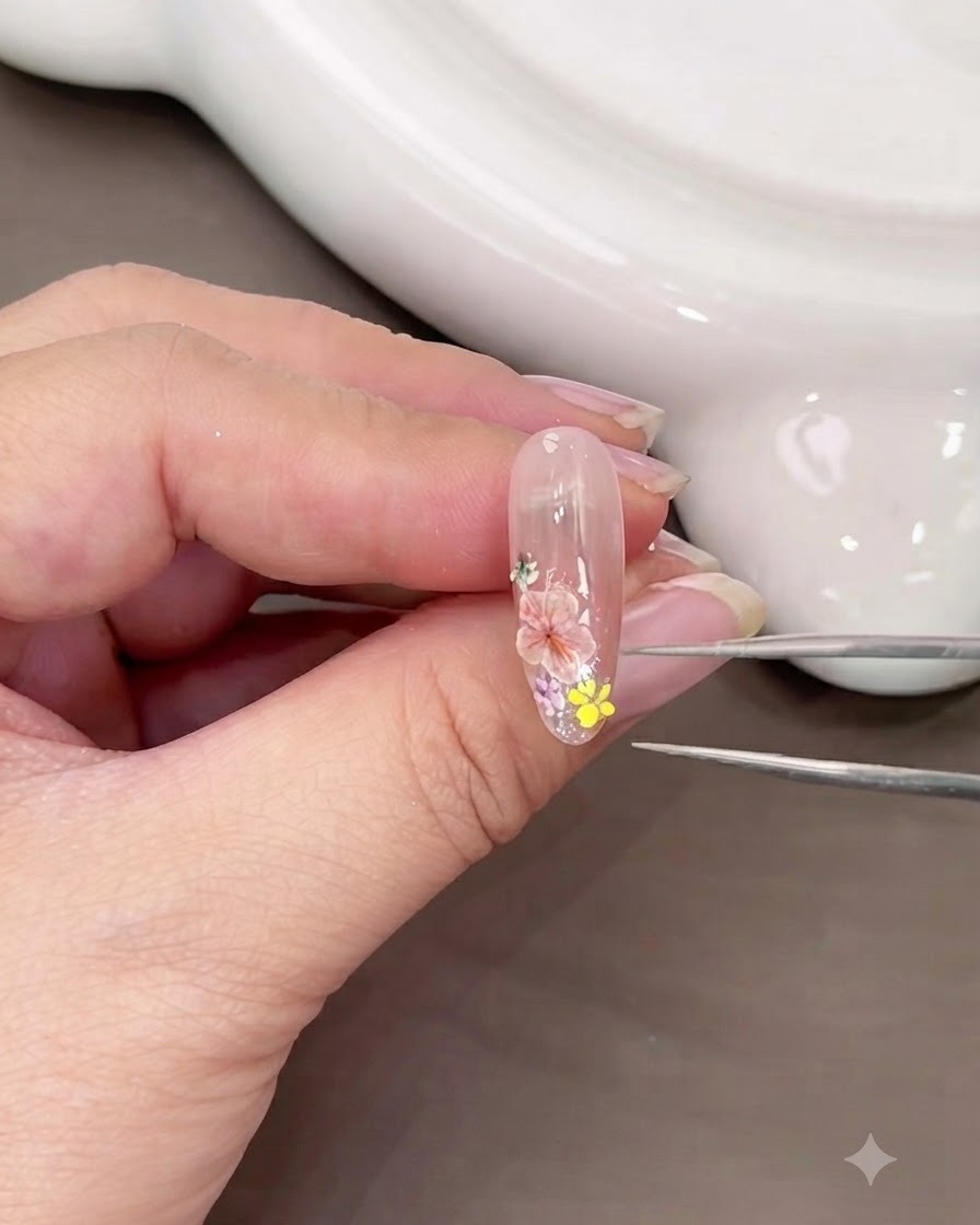 A pair of tweezers placing tiny gold foil flakes around the dried flower cluster on the nail.