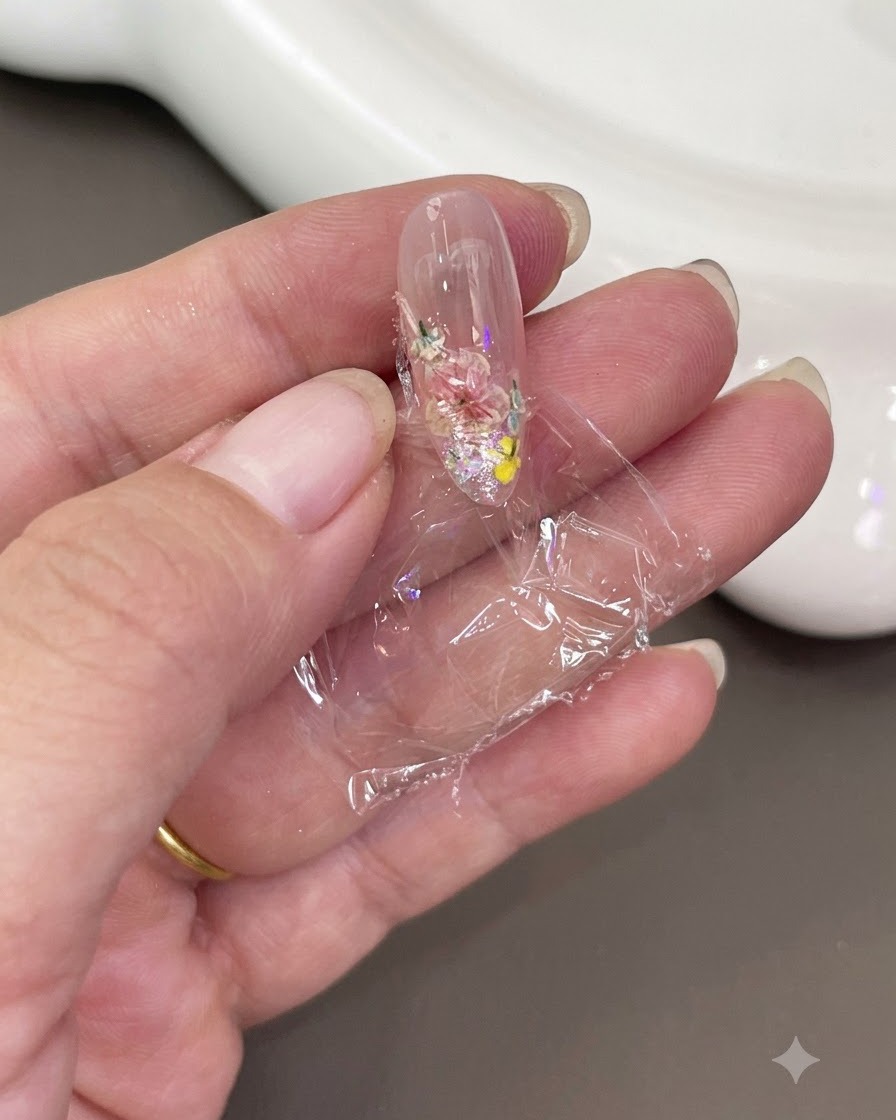 A hand holding a piece of clear plastic wrap pressed tightly over the decorated nail.