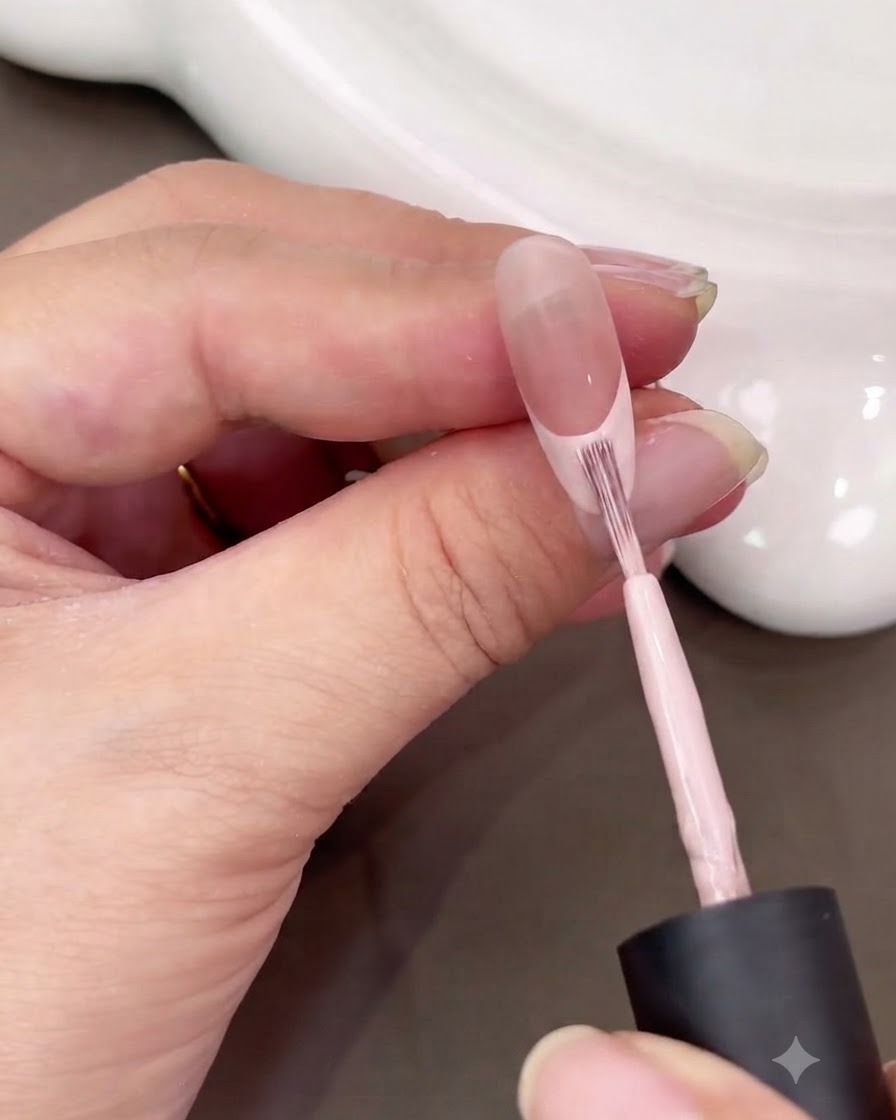 A brush smoothing and filling in a pink French tip on an oval nail.