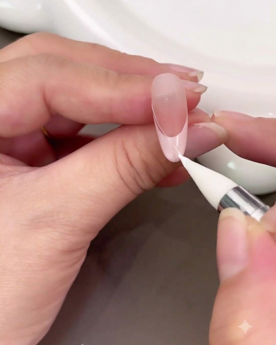 A detail tool applying a fine white string gel arc along the edge of a French manicure.