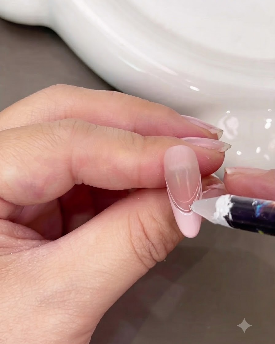 A pair of tweezers placing a small pearl and rhinestone onto a decorated nail curve.