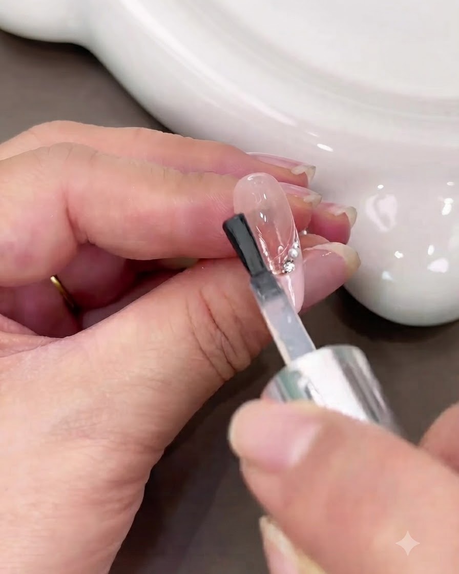 A brush applying a clear glossy top coat over a finished French tip nail design adorned with pearls and rhinestones.