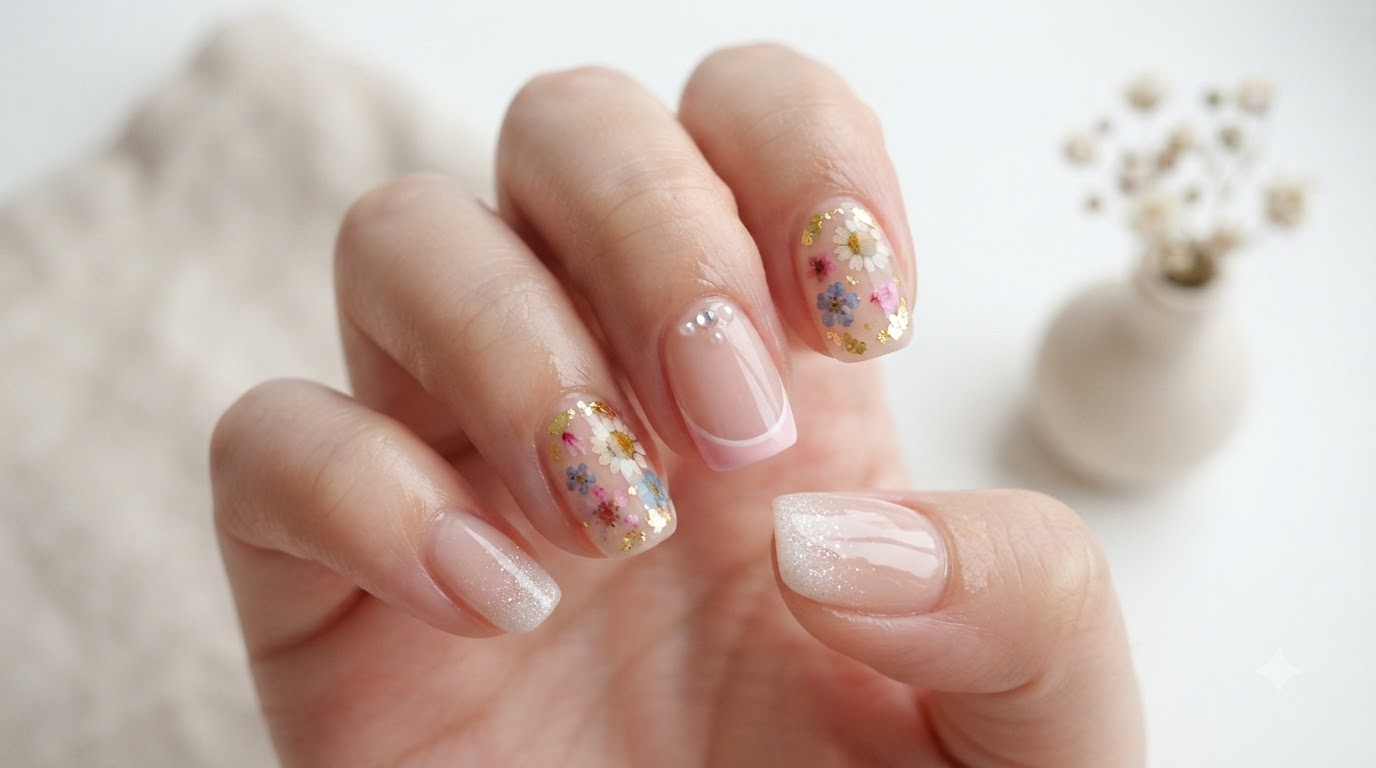 Spring French Blush & Dried Flower Gel Nails — Step-by-Step Tutorial