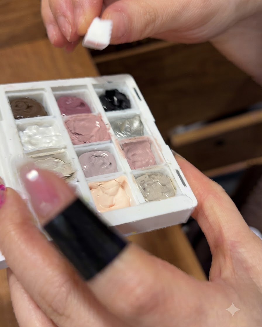 A close-up view of a sponge block picking up light pink patting gel from a multi-color palette.
