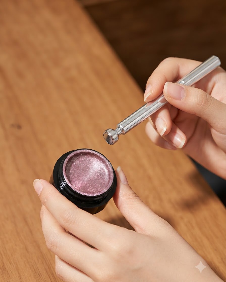 A hand holding a small magnetic tool near an open black jar filled with shimmering light pink cat eye gel.