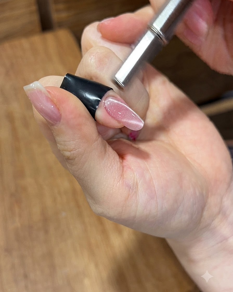 A cylindrical magnetic wand held close to a pink cat-eye gel nail to concentrate the shimmering magnetic light.
