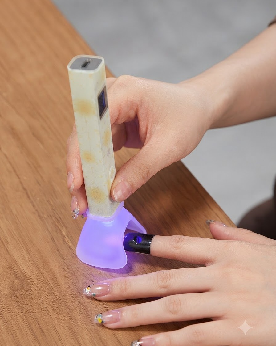 A fine nail art brush applying a tiny drop of clear gel onto the tip of a manicured finger.