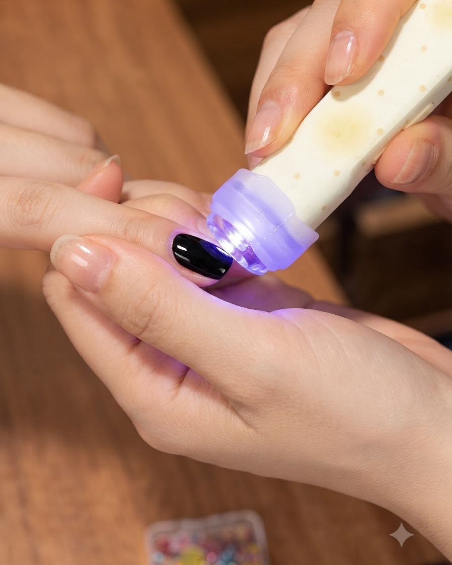 A brush applying clear reinforcing builder gel over a decorated nail surface before curing.