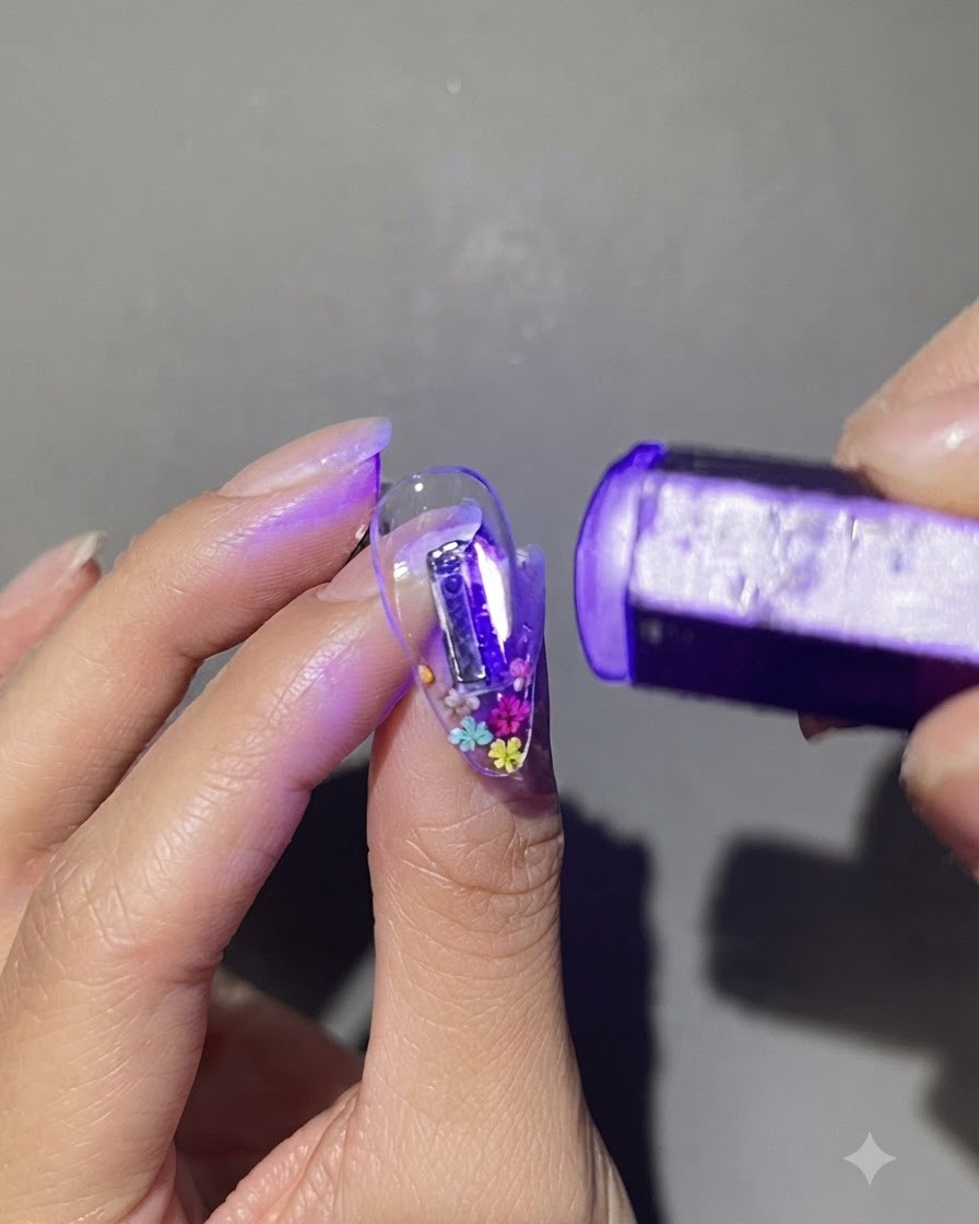 A purple handheld UV/LED light flash-curing a clear nail decorated with tiny colorful dried flowers.