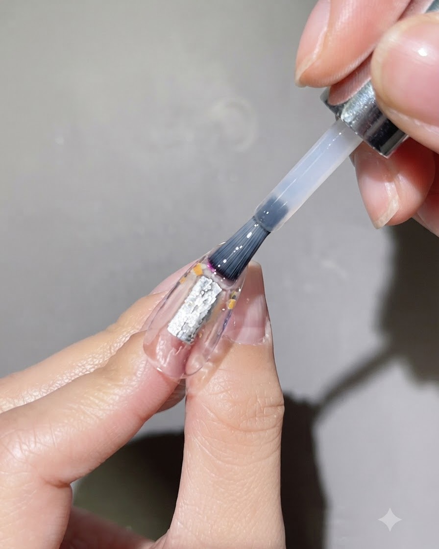 A brush applying a thick layer of clear leveling gel over a nail decorated with embedded dried flowers.