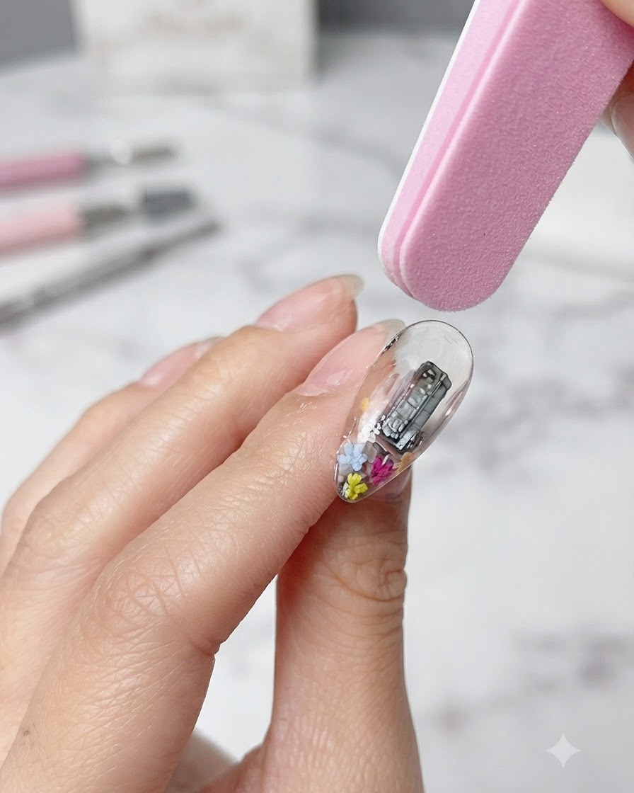 A pink sponge nail file gently buffing the clear surface of a gel nail to smooth out imperfections.