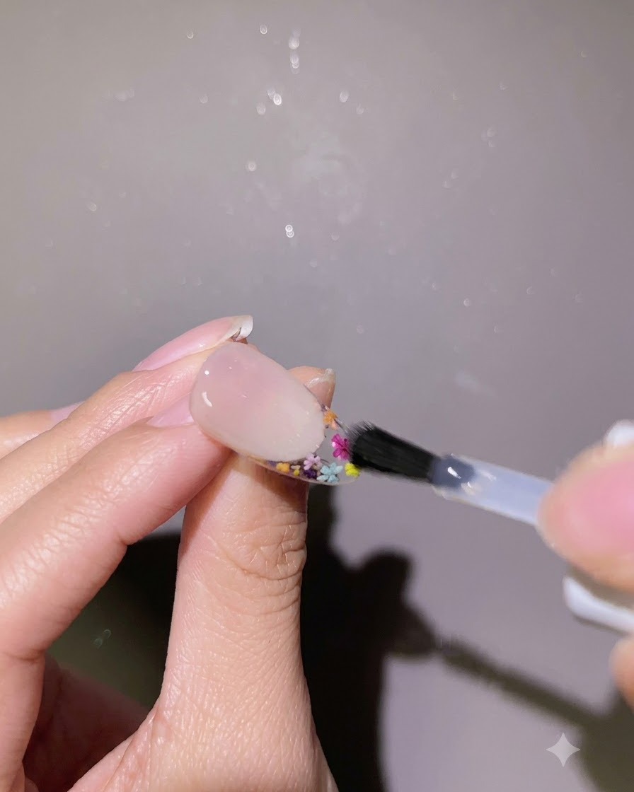 A brush applying a clear reinforcing layer of gel around the edges of a completed nail design.