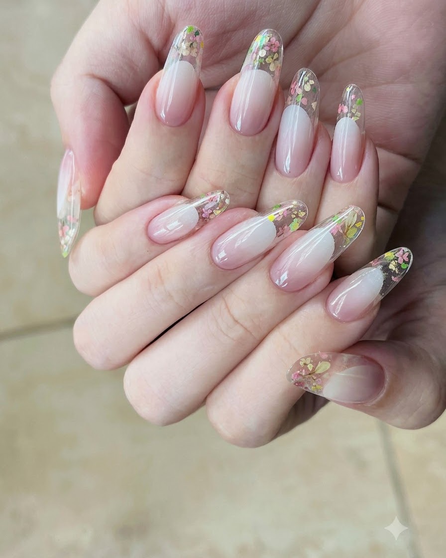 A brush applying a coat of nude gel polish onto a prepped natural nail plate.